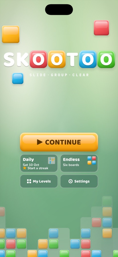 The Skootoo title screen, with Continue, the Daily and Endless