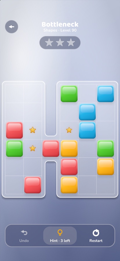 A level called Bottleneck, with red, green, blue and amber blocks