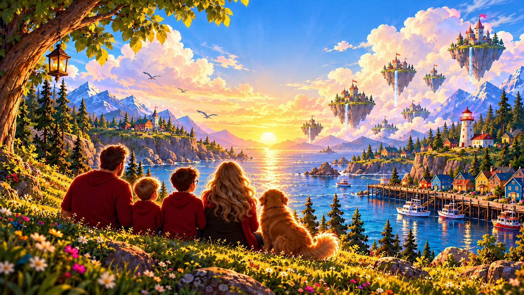 Zed & Sons family studio scene with the whole family and their golden dog overlooking a Newfoundland-inspired coast with colourful houses, a lighthouse and imaginative floating islands.