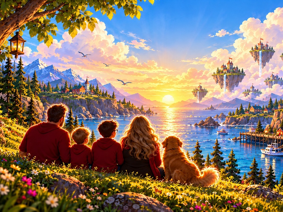 The Zed & Sons family and their golden dog as silhouettes overlooking a Newfoundland-inspired coast and floating imaginative worlds.
